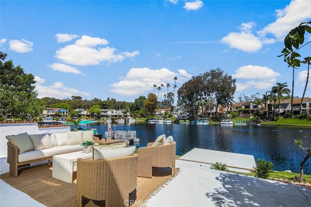 22526 Lake Forest Ln, Lake Forest, CA 92630 - view of patio featuring an outdoor living space, a water view, and a dock
