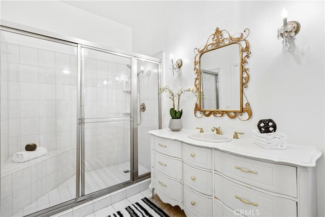 8424 Sunnyslope Dr, San Gabriel, CA 91775 - bathroom featuring vanity, a stall shower, and tile patterned floors