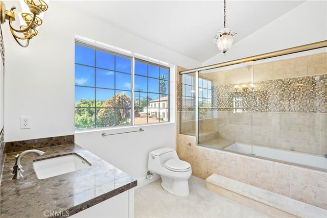 8424 Sunnyslope Dr, San Gabriel, CA 91775 - bathroom with a chandelier, vanity, tiled shower / bath combo, toilet, and vaulted ceiling