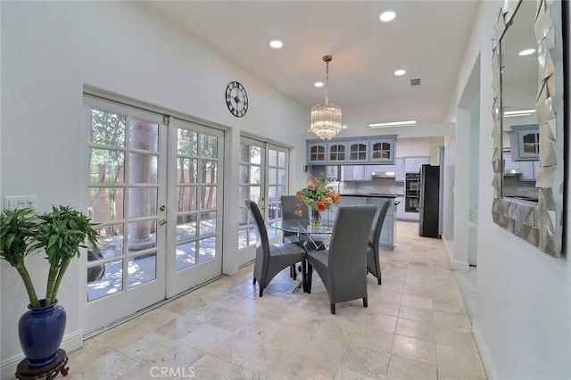 8424 Sunnyslope Dr, San Gabriel, CA 91775 - dining room featuring french doors, a chandelier, recessed lighting, and baseboards