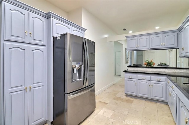 8424 Sunnyslope Dr, San Gabriel, CA 91775 - kitchen featuring stainless steel fridge, gray cabinets, recessed lighting, baseboards, and dark stone countertops