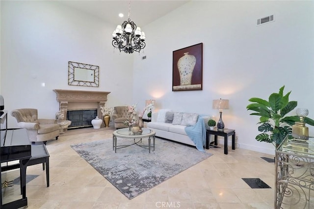 8424 Sunnyslope Dr, San Gabriel, CA 91775 - living room with baseboards, a glass covered fireplace, a chandelier, and a towering ceiling