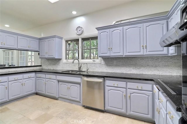 8424 Sunnyslope Dr, San Gabriel, CA 91775 - kitchen featuring stainless steel dishwasher, a sink, gray cabinetry, decorative backsplash, and recessed lighting