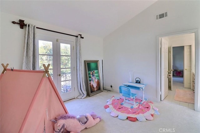 8424 Sunnyslope Dr, San Gabriel, CA 91775 - game room with carpet flooring, french doors, and high vaulted ceiling
