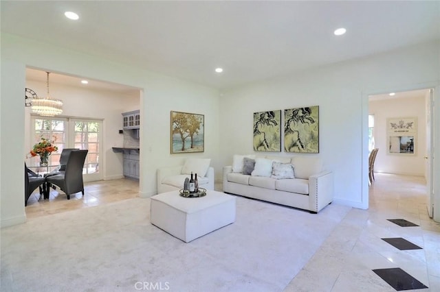 8424 Sunnyslope Dr, San Gabriel, CA 91775 - tiled living room featuring recessed lighting, a chandelier, baseboards, and carpet