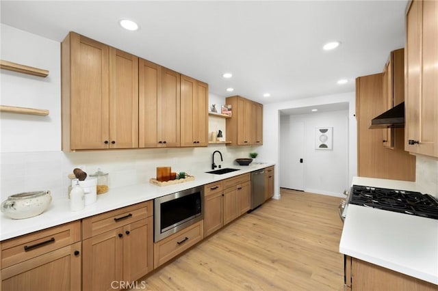 230 Gila Way, Placentia, CA 92870 - kitchen with open shelves, appliances with stainless steel finishes, a sink, backsplash, and under cabinet range hood