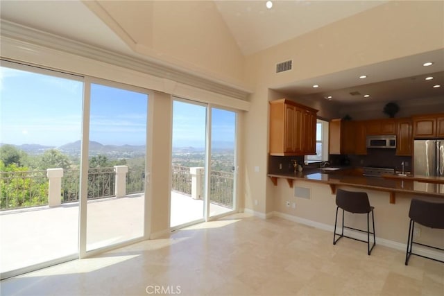 485 Kathleen Dr, Newbury Park, CA 91320 - kitchen with stainless steel appliances, a mountain view, a breakfast bar, a peninsula, and a sink