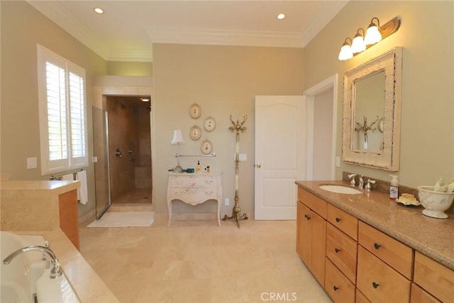 485 Kathleen Dr, Newbury Park, CA 91320 - bathroom featuring vanity, a stall shower, a bath, ornamental molding, and recessed lighting