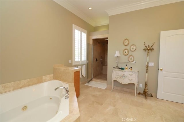 485 Kathleen Dr, Newbury Park, CA 91320 - bathroom with a stall shower, a jetted tub, and ornamental molding