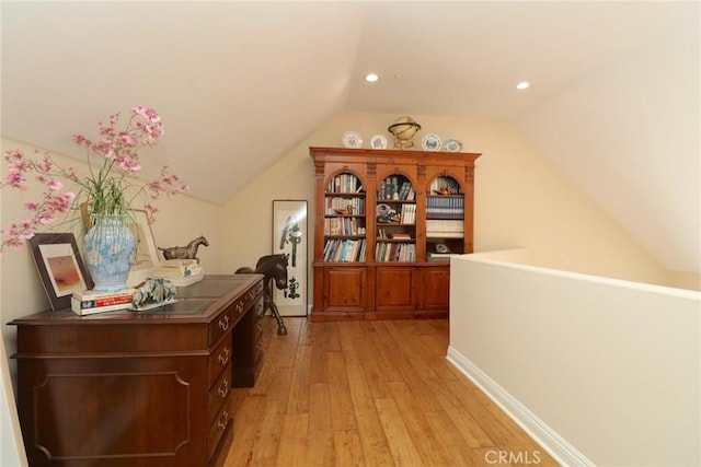 485 Kathleen Dr, Newbury Park, CA 91320 - office with light wood-style flooring, vaulted ceiling, and recessed lighting