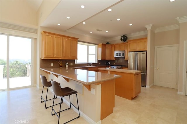 485 Kathleen Dr, Newbury Park, CA 91320 - kitchen with stainless steel appliances, an island with sink, crown molding, a peninsula, and recessed lighting