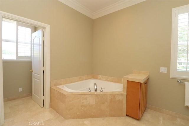 485 Kathleen Dr, Newbury Park, CA 91320 - full bathroom with a garden tub, ornamental molding, and tile patterned flooring