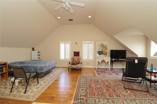 485 Kathleen Dr, Newbury Park, CA 91320 - bedroom with hardwood / wood-style flooring, multiple windows, vaulted ceiling, baseboards, and recessed lighting