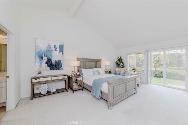 2501 Tiffany Pl, Fullerton, CA 92833 - bedroom with beam ceiling, high vaulted ceiling, light carpet, and access to outside