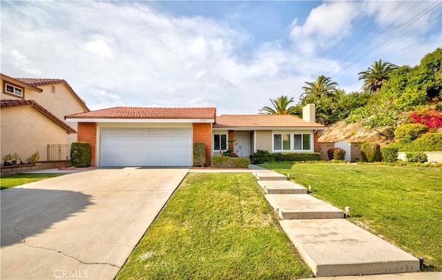 2501 Tiffany Pl, Fullerton, CA 92833 - view of front of home featuring a tile roof, a garage, a front lawn, a chimney, and concrete driveway