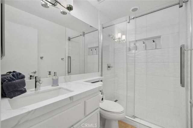 49239 Barrymore St, Indio, CA 92201 - bathroom with vanity, toilet, a shower stall, and tile patterned floors