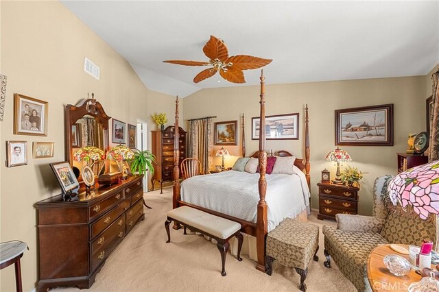 27525 Ventura Dr, Cathedral City, CA 92234 - bedroom featuring light colored carpet, vaulted ceiling, and ceiling fan