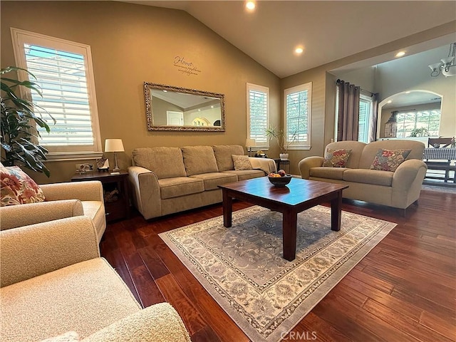 757 Onstott Rd, Lompoc, CA 93436 - living area featuring vaulted ceiling, dark wood-style floors, and recessed lighting