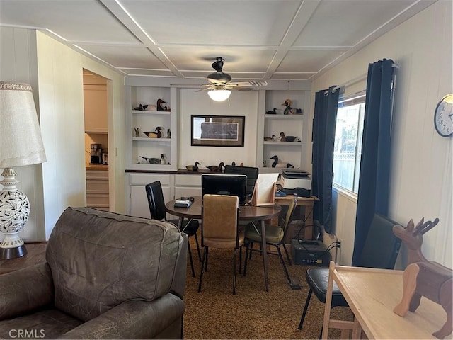 3265 14th St, Clearlake, CA 95422 - carpeted dining space with built in shelves, ceiling fan, and coffered ceiling