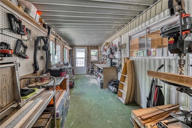 3265 14th St, Clearlake, CA 95422 - miscellaneous room featuring carpet and a workshop area