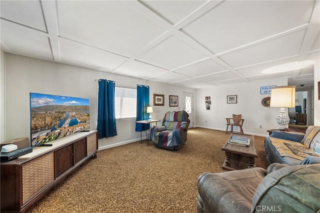 3265 14th St, Clearlake, CA 95422 - living room with coffered ceiling, carpet floors, and baseboards