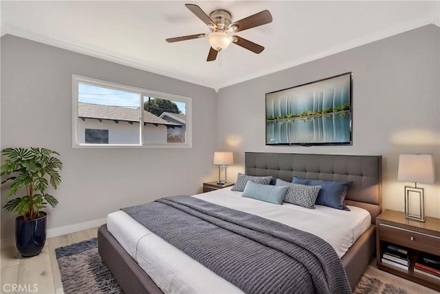 7741 Shoup Ave, West Hills, CA 91304 - bedroom with ornamental molding, baseboards, a ceiling fan, and wood finished floors