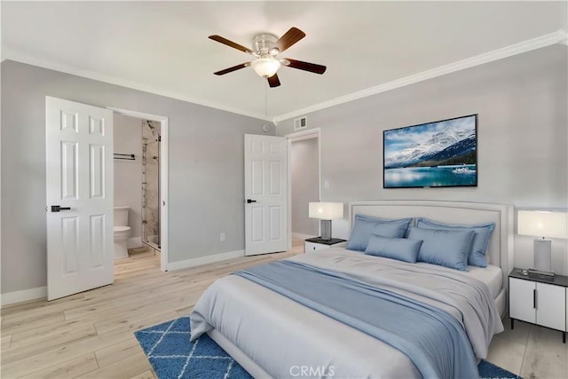 7741 Shoup Ave, West Hills, CA 91304 - bedroom featuring crown molding, light wood-style floors, baseboards, ensuite bath, and ceiling fan