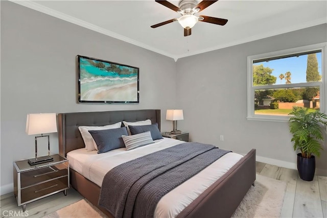 7741 Shoup Ave, West Hills, CA 91304 - bedroom with light wood finished floors, baseboards, crown molding, and a ceiling fan