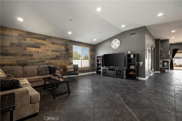 13946 Moqui Way, Corona, CA 92883 - living room featuring baseboards, lofted ceiling, recessed lighting, and wood walls