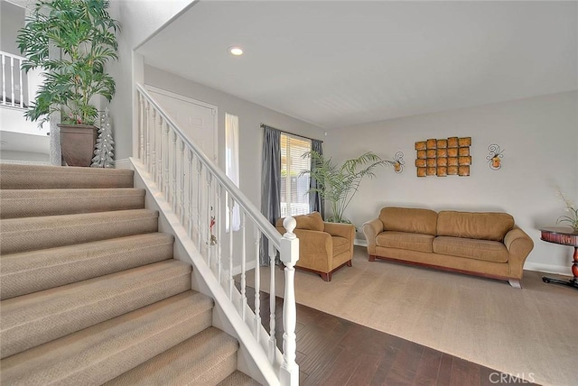 8758 Aspen Ct, Riverside, CA 92508 - stairway featuring recessed lighting, hardwood / wood-style flooring, and baseboards