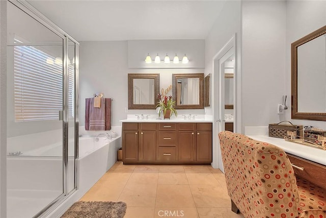 8758 Aspen Ct, Riverside, CA 92508 - bathroom with double vanity, a bath, tile patterned flooring, and an enclosed shower