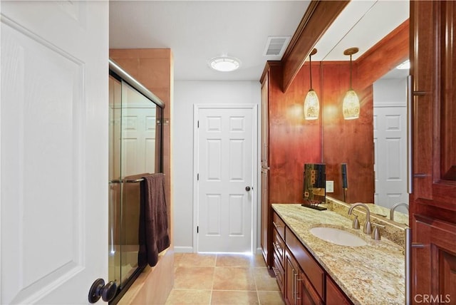 2921 Crestview Dr, Clearlake, CA 95422 - full bathroom featuring an enclosed shower, tile patterned flooring, and vanity