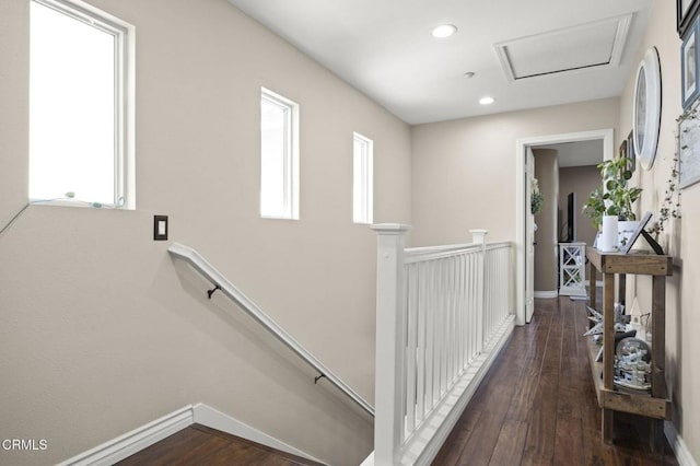 1269 Hacienda Dr, Oxnard, CA 93030 - hallway featuring an upstairs landing, dark wood-style floors, recessed lighting, baseboards, and attic access
