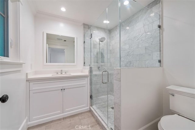 20701 Dumont St, Woodland Hills, CA 91364 - full bathroom with toilet, a shower stall, vanity, ornamental molding, and recessed lighting