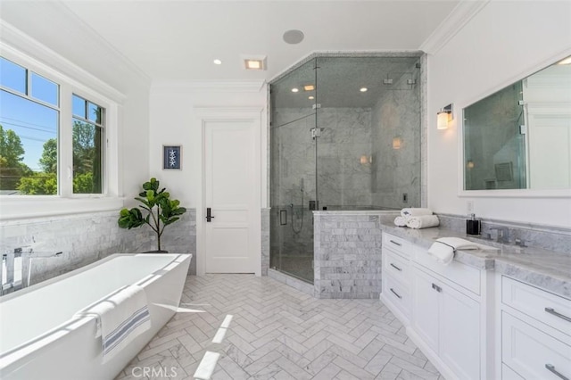 20701 Dumont St, Woodland Hills, CA 91364 - full bath featuring crown molding, vanity, a shower stall, a soaking tub, and recessed lighting