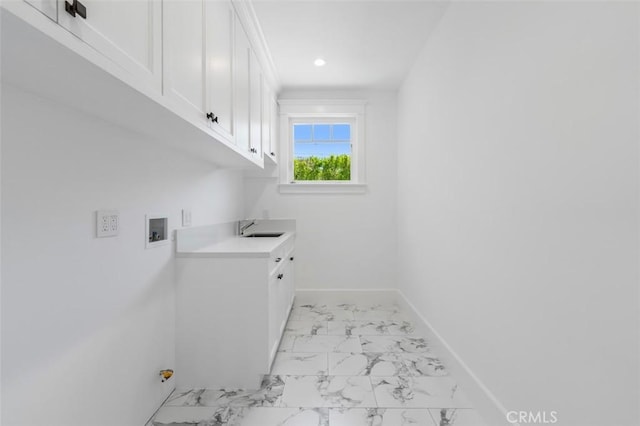 20701 Dumont St, Woodland Hills, CA 91364 - laundry room featuring cabinet space, light marble finish floors, baseboards, washer hookup, and recessed lighting