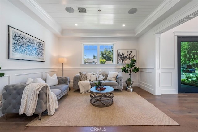 20701 Dumont St, Woodland Hills, CA 91364 - living room featuring plenty of natural light, wood finished floors, a decorative wall, a raised ceiling, and crown molding