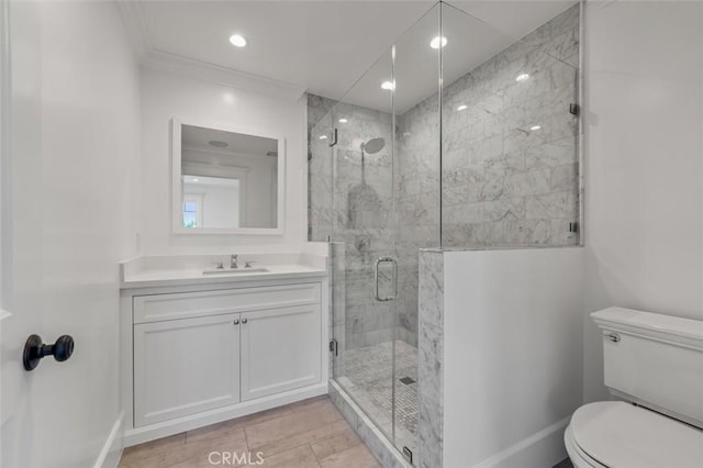 20701 Dumont St, Woodland Hills, CA 91364 - bathroom featuring a shower stall, toilet, vanity, recessed lighting, and baseboards