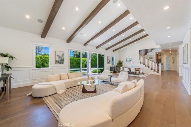 20701 Dumont St, Woodland Hills, CA 91364 - living area with a decorative wall, stairway, light wood finished floors, recessed lighting, and a wainscoted wall