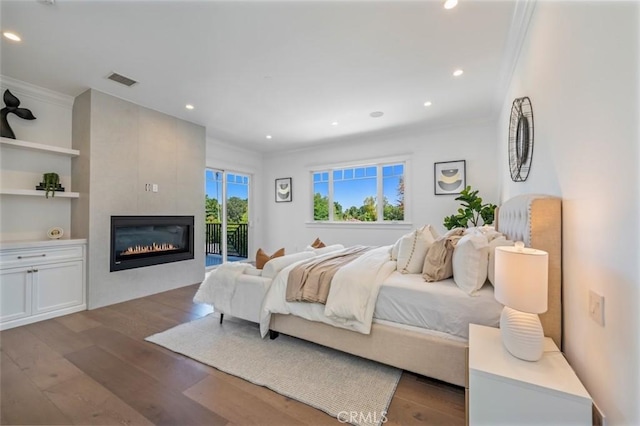 20701 Dumont St, Woodland Hills, CA 91364 - bedroom with access to exterior, crown molding, a fireplace, wood finished floors, and recessed lighting