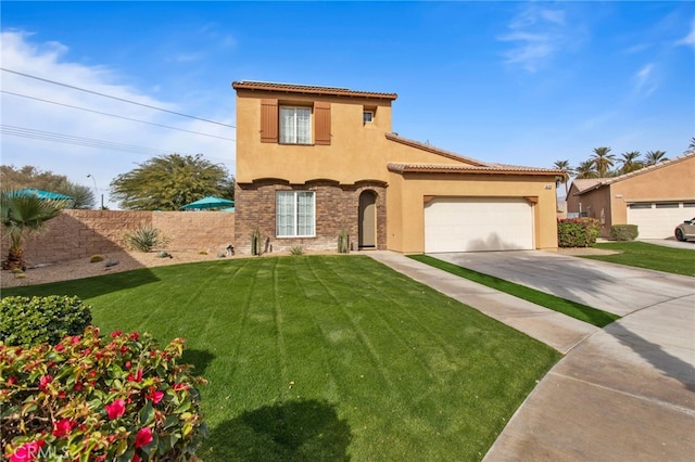 84020 Colibri Ct, Indio, CA 92203 - mediterranean / spanish house featuring stucco siding, concrete driveway, a garage, and a tiled roof