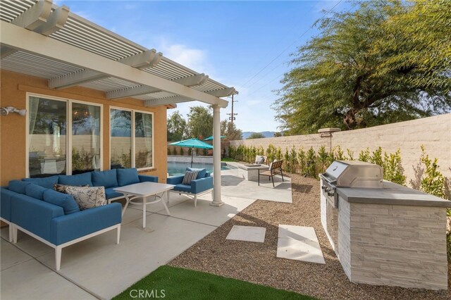 84020 Colibri Ct, Indio, CA 92203 - fenced backyard with an outdoor living space, a pergola, and a patio area
