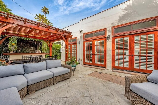 306 Avenida Monterey, San Clemente, CA 92672 - view of patio with french doors, a pergola, an outdoor hangout area, and outdoor dining space