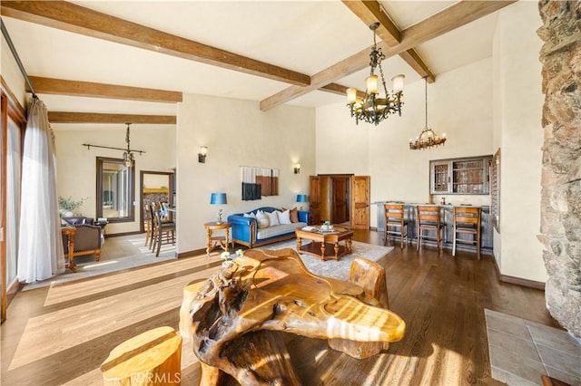 1465 Via Coronel, Palos Verdes Estates, CA 90274 - living room featuring a chandelier, wood finished floors, beamed ceiling, and baseboards
