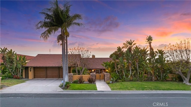 1465 Via Coronel, Palos Verdes Estates, CA 90274 - view of front of property featuring a tile roof, a garage, concrete driveway, a chimney, and stucco siding