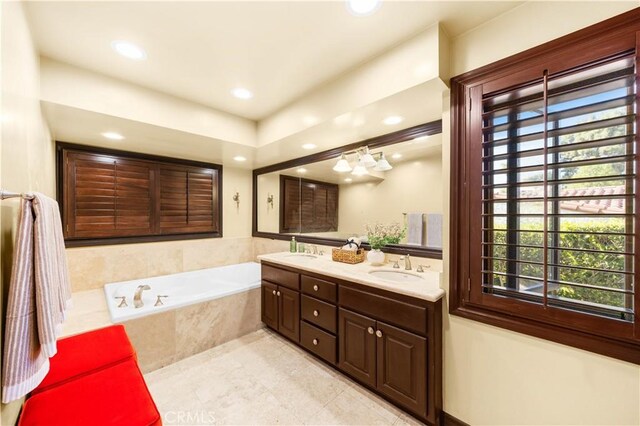 1465 Via Coronel, Palos Verdes Estates, CA 90274 - bathroom featuring double vanity, a bath, recessed lighting, and tile patterned floors