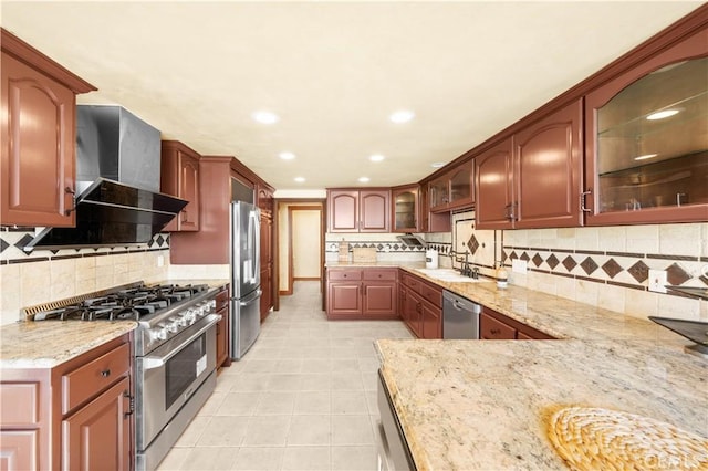1465 Via Coronel, Palos Verdes Estates, CA 90274 - kitchen featuring appliances with stainless steel finishes, backsplash, wall chimney exhaust hood, light stone countertops, and recessed lighting