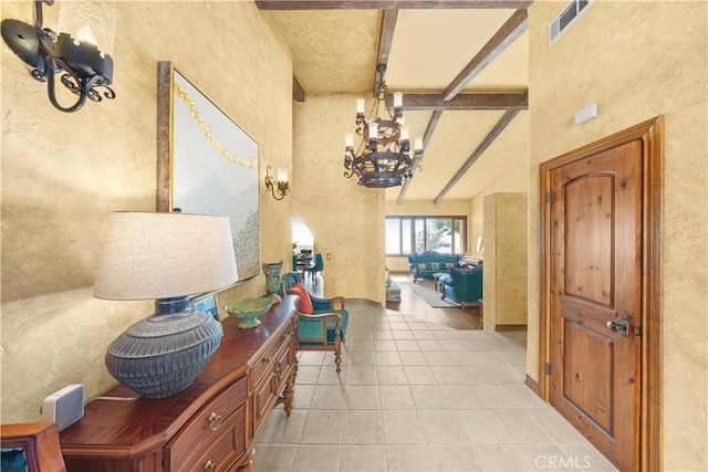 1465 Via Coronel, Palos Verdes Estates, CA 90274 - hall featuring a chandelier, light tile patterned floors, a high ceiling, and beam ceiling