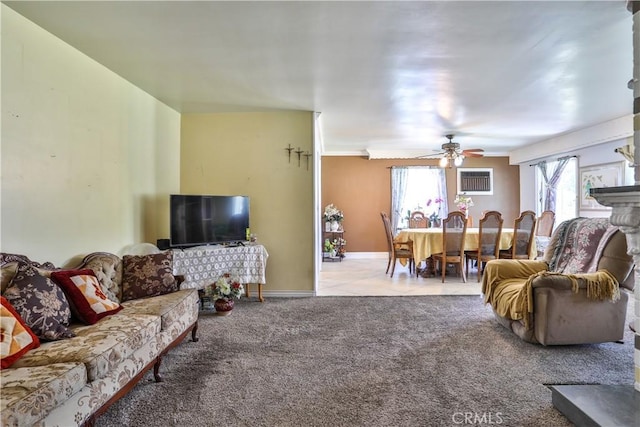 1706 James Pl, Pomona, CA 91767 - living room featuring carpet, ceiling fan, baseboards, and a wall unit AC