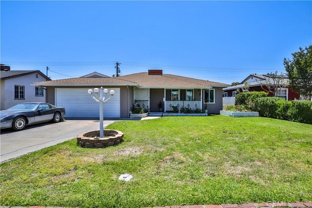 1706 James Pl, Pomona, CA 91767 - single story home with covered porch, an attached garage, concrete driveway, a front yard, and a chimney